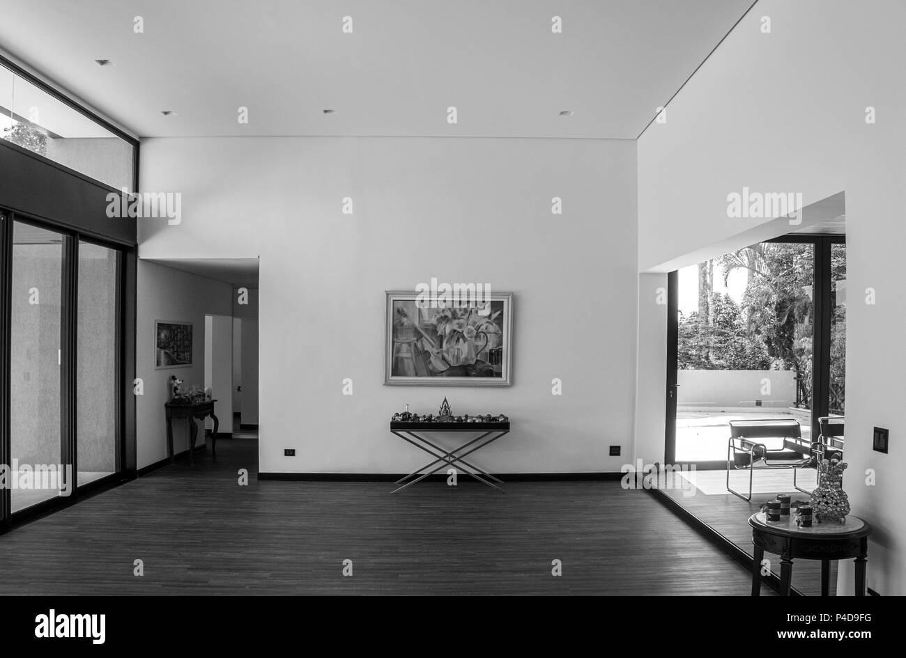 living room interior wooden floor modern elegant architecture black white Stock Photo