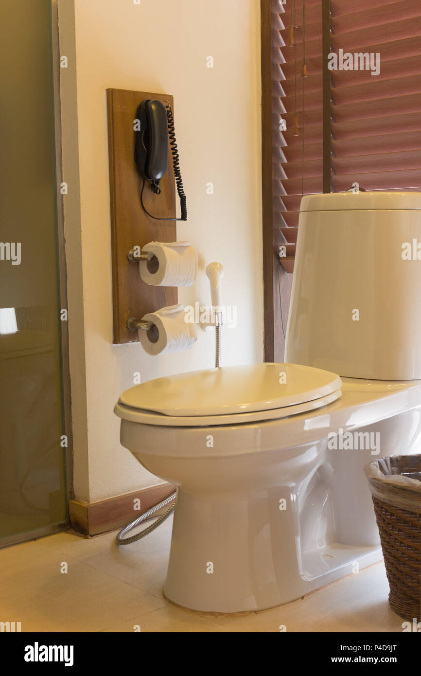 Modern bathroom interior, with telephone in bathroom at luxury hotel