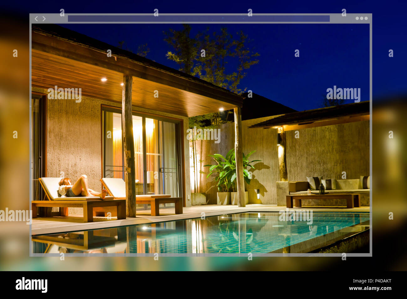 Web site page design concept modern house with swimming pool background