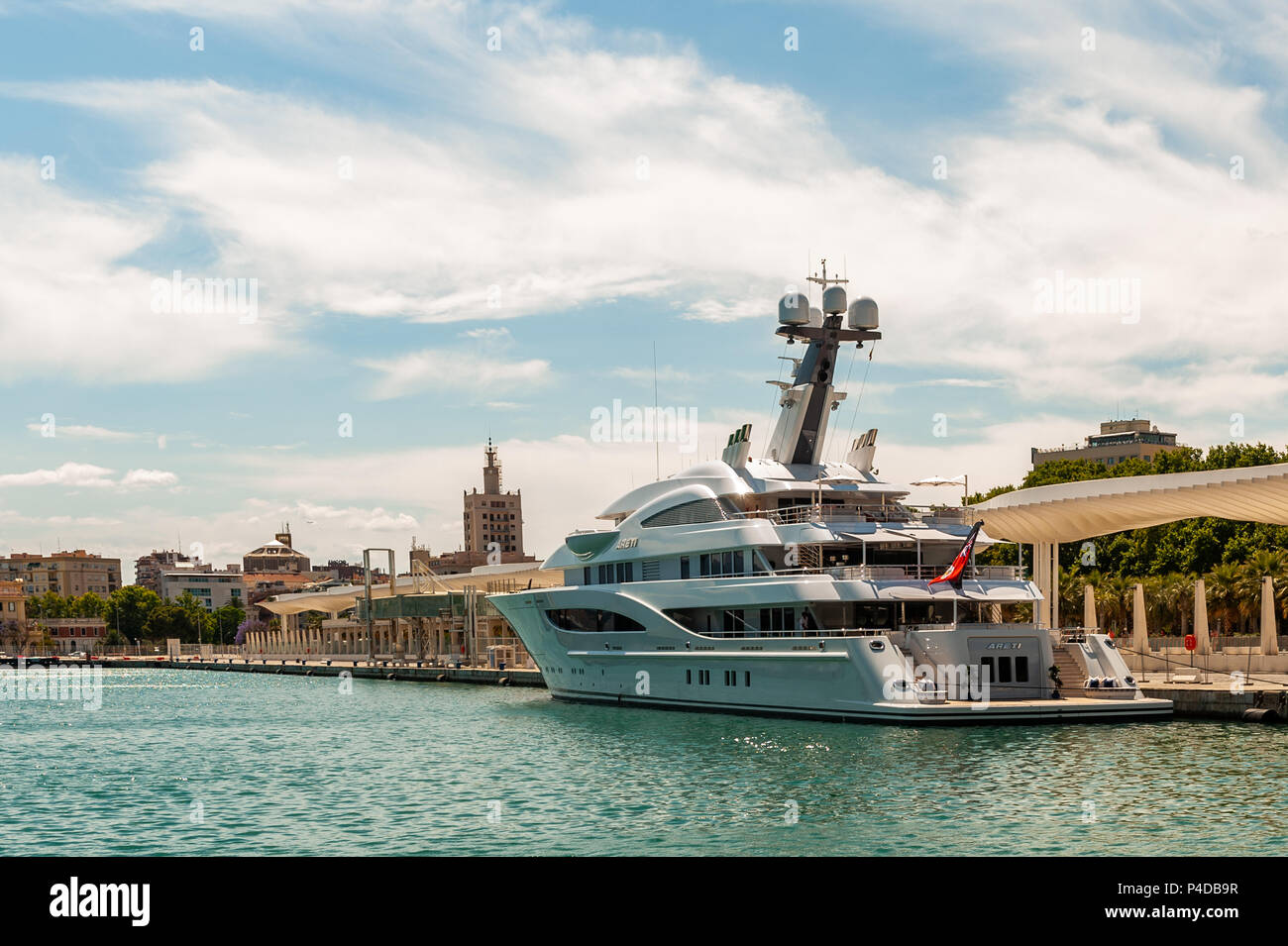 Super Yacht 'Areti' moored in Malaga Marina, Spain with copy space. Stock Photo