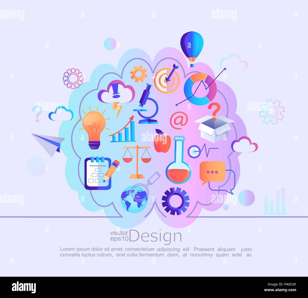 Creative infographic concept of different knowledges in our mind. Different signs and symbols in our head after education. Color division into the left and right half of the brain.Vector illustration. Stock Vector
