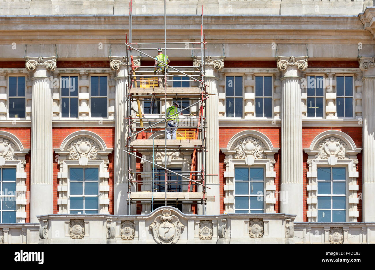 Workers on scaffolding working on the facade of Horse Guards Parade London, England, UK. Stock Photo