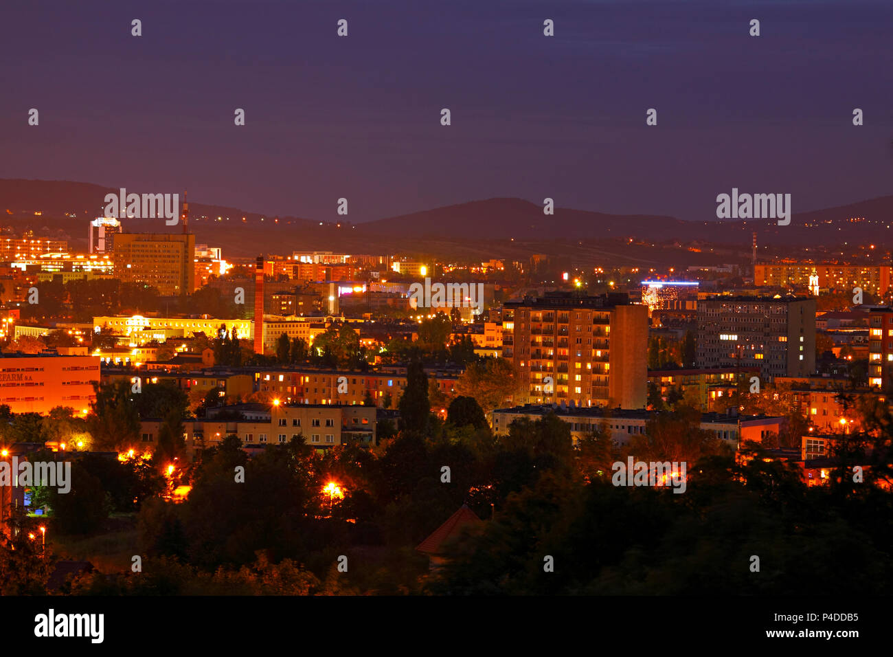 Night shot of cityscape. Poland, Kielce, The Holy Cross Mountains. Stock Photo