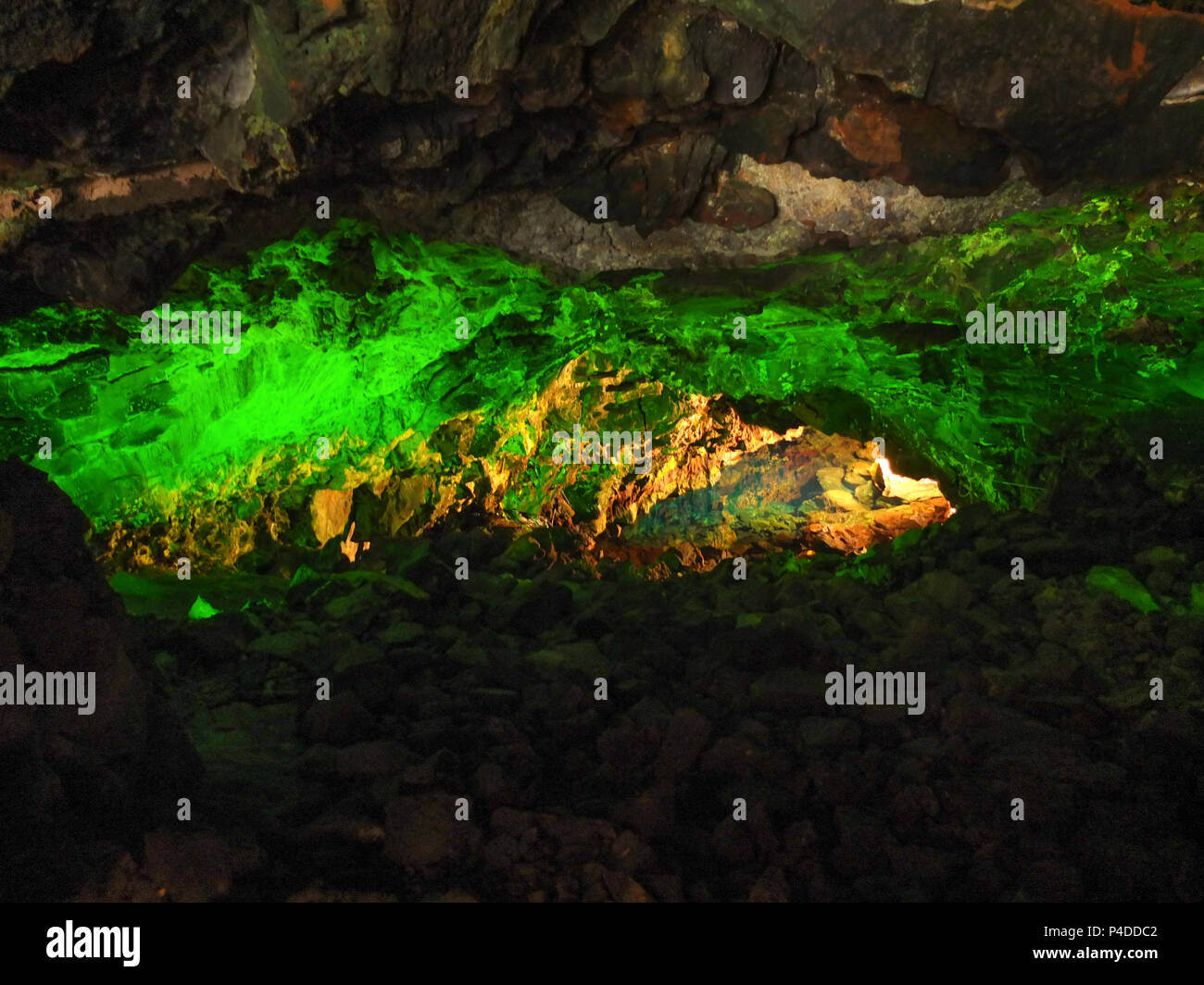 Lanzarote, Spain - December 12, 2013: The magical Marique lit caves made within the volcanic lava mountains of Lanzarote. Stock Photo