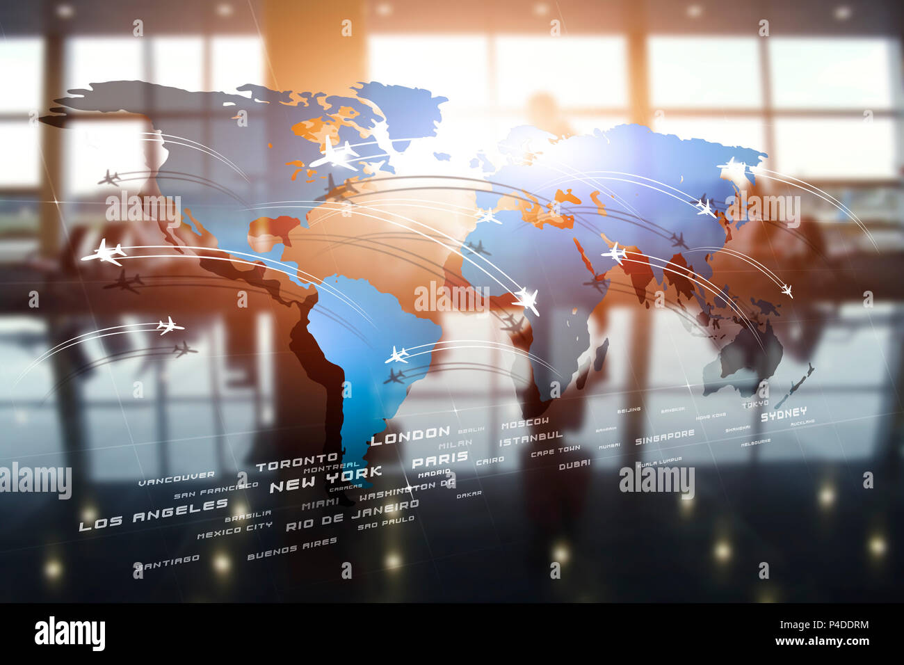 aviation destinations on world map on blurred airport terminal. mixed media Stock Photo