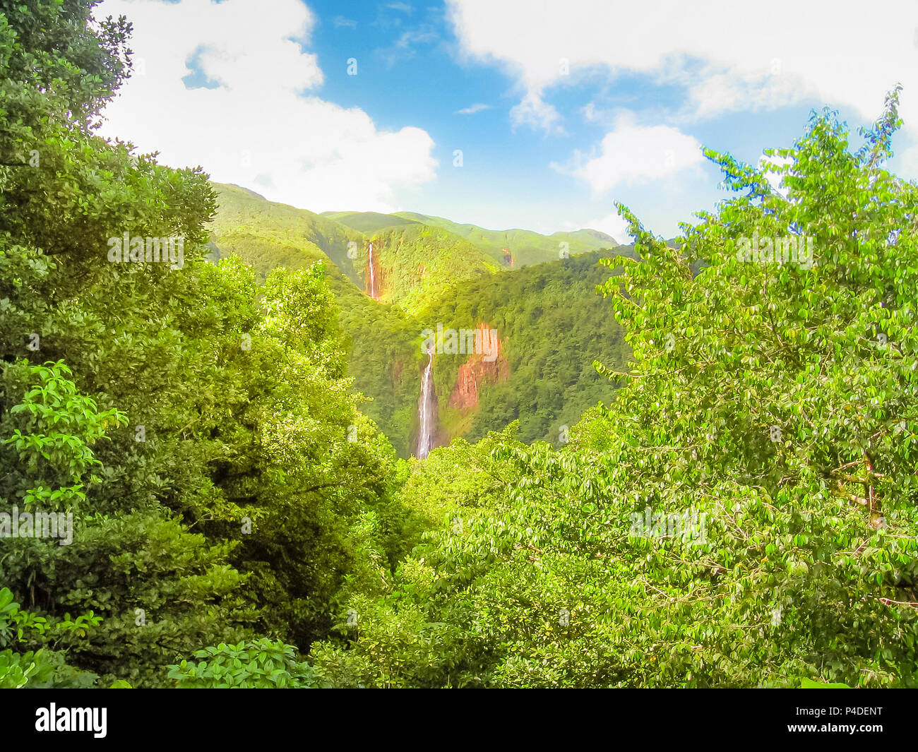 Scenic landscape in tropical rainforest of Carbet Falls or Les Chutes