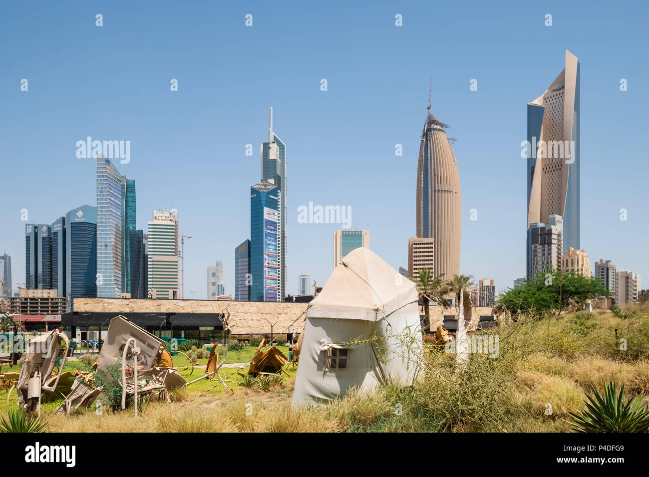 Skyline of CBD Central Business District from  Al Shaheed Park in Kuwait City, Kuwait Stock Photo