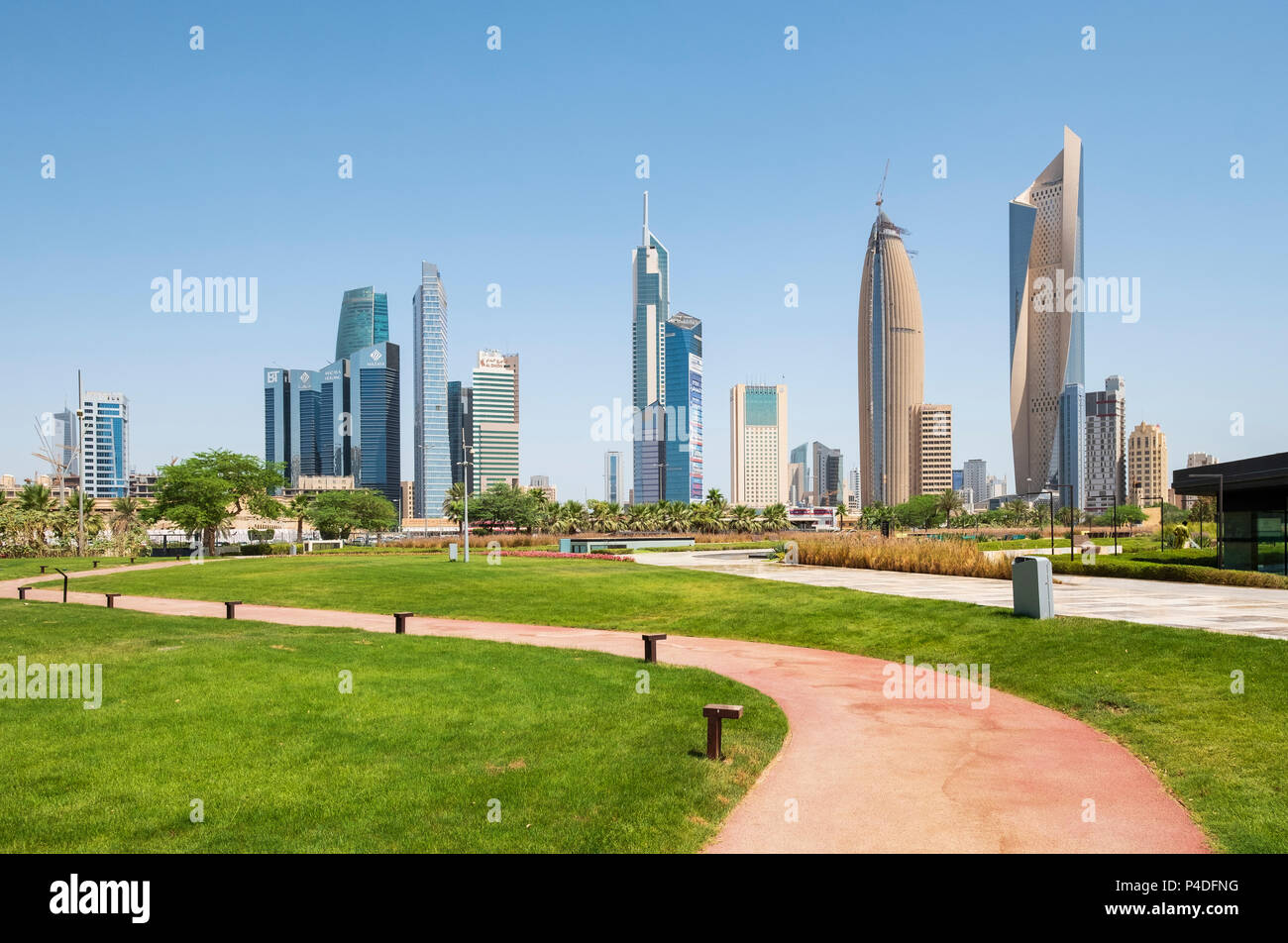 Skyline of CBD Central Business District from  Al Shaheed Park in Kuwait City, Kuwait Stock Photo