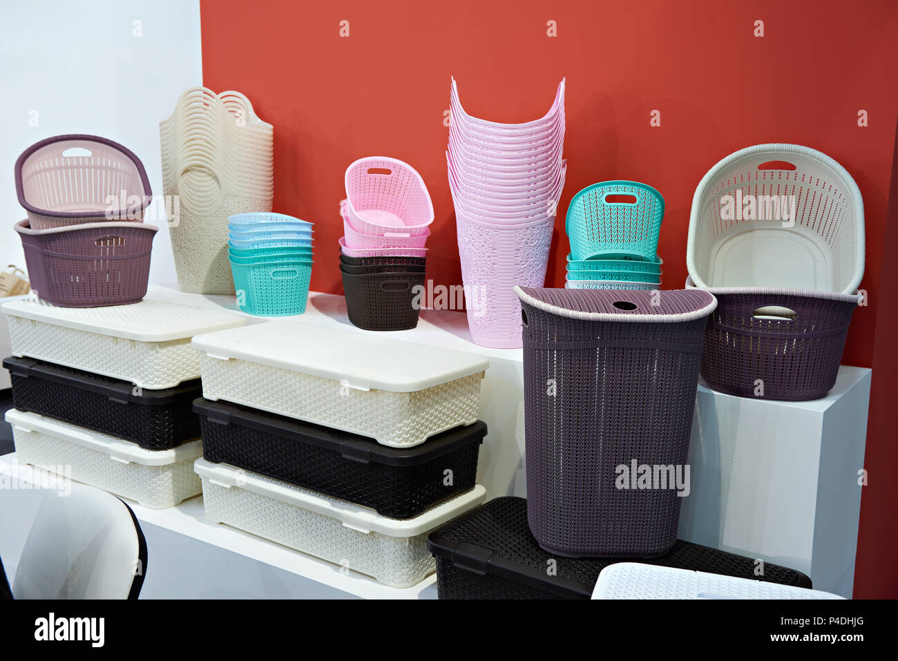 Plastic boxes, baskets and containers for storing household items Stock Photo