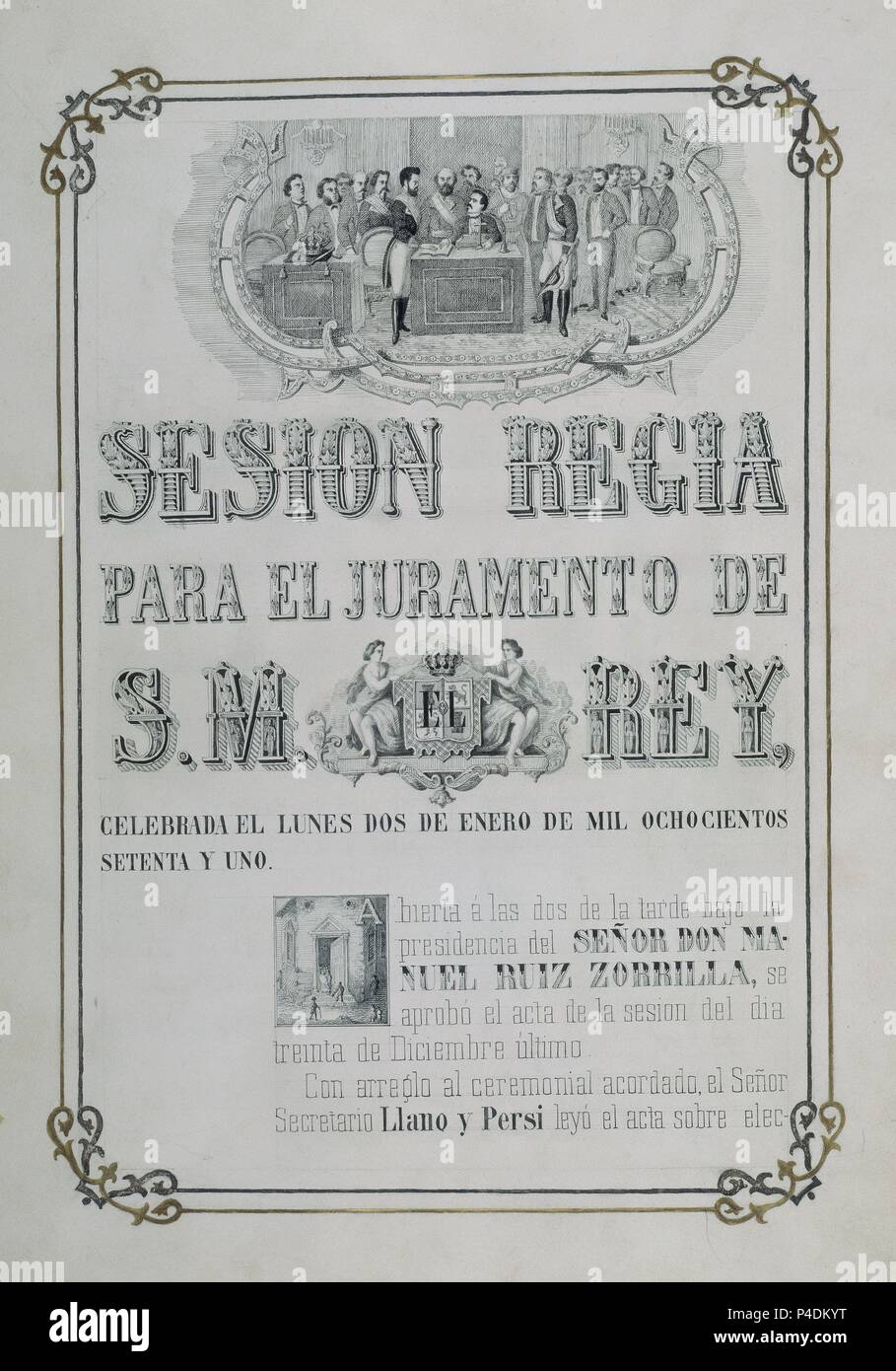 PORTADA - SESION REGIA PARA EL JURAMENTO DE AMADEO I EL 2 DE ENERO DE 1871 - CALIGRAFIADO CON DIBUJOS A PLUMA. Location: CONGRESO DE LOS DIPUTADOS-BIBLIOTECA, MADRID. Stock Photo