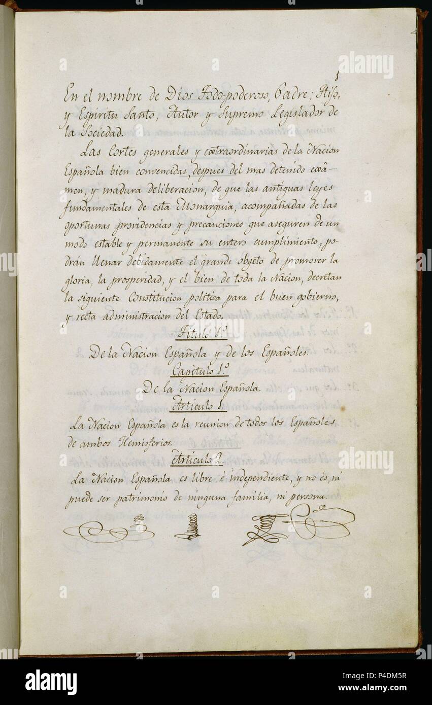 CONSTITUCION POLITICA DE LA MONARQUIA ESPAÑOLA 1812-PAGINA 1. Location: CONGRESO DE LOS DIPUTADOS-BIBLIOTECA, MADRID, SPAIN. Stock Photo