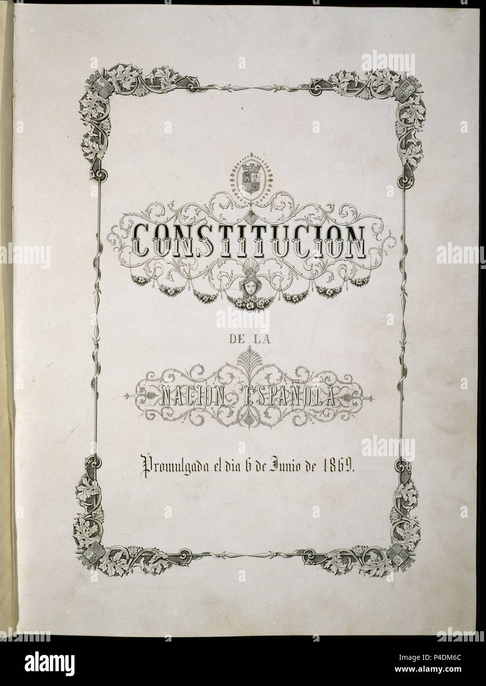 CONSTITUCION DE LA NACION ESPAÑOLA PROMULGADA EL 6/6/1869-PORTADA. Location: CONGRESO DE LOS DIPUTADOS-BIBLIOTECA, MADRID, SPAIN. Stock Photo