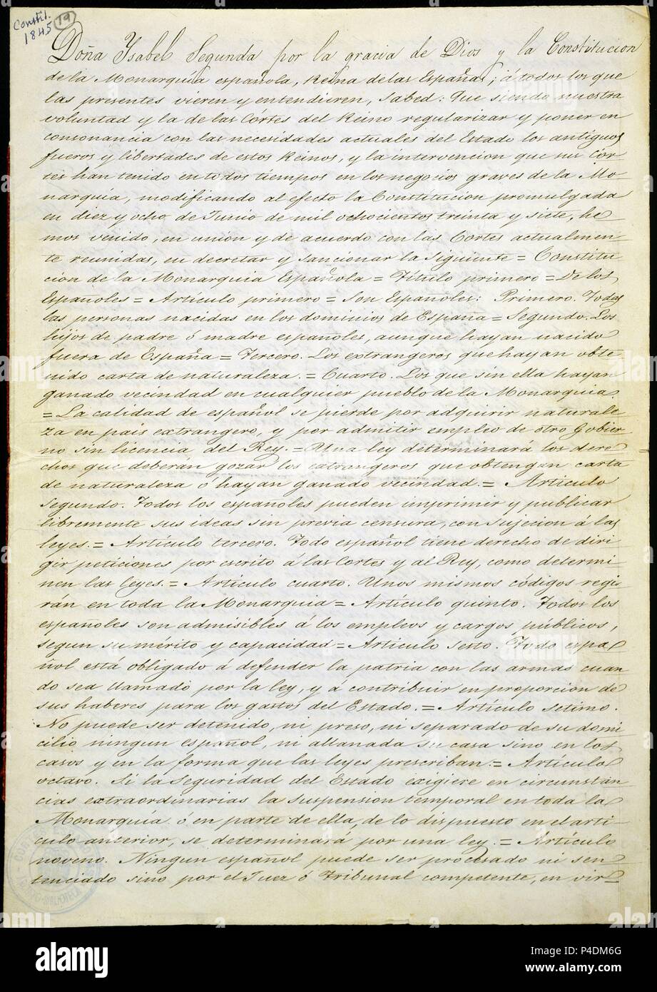 CONSTITUCION DE 1845-PAGINA MANUSCRITA ARTICULOS SOBRE LOS ESPAÑOLES. Location: CONGRESO DE LOS DIPUTADOS-BIBLIOTECA, MADRID, SPAIN. Stock Photo