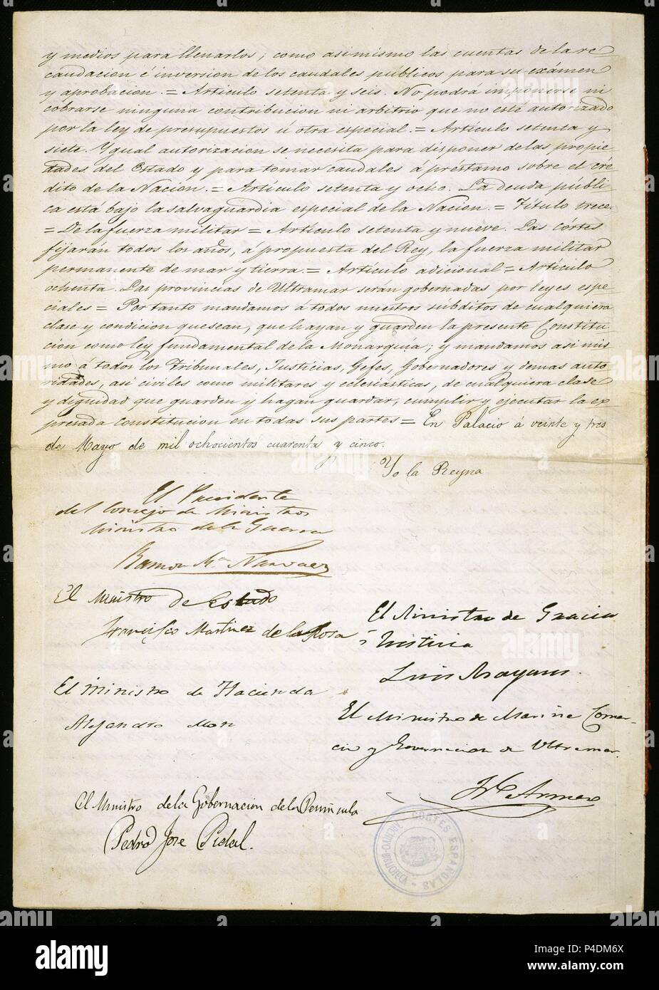 CONSTITUCION-UTLIMA PAGINA-MADRID 23 DE MAYO DE 1845. Location: CONGRESO DE LOS DIPUTADOS-BIBLIOTECA, MADRID, SPAIN. Stock Photo