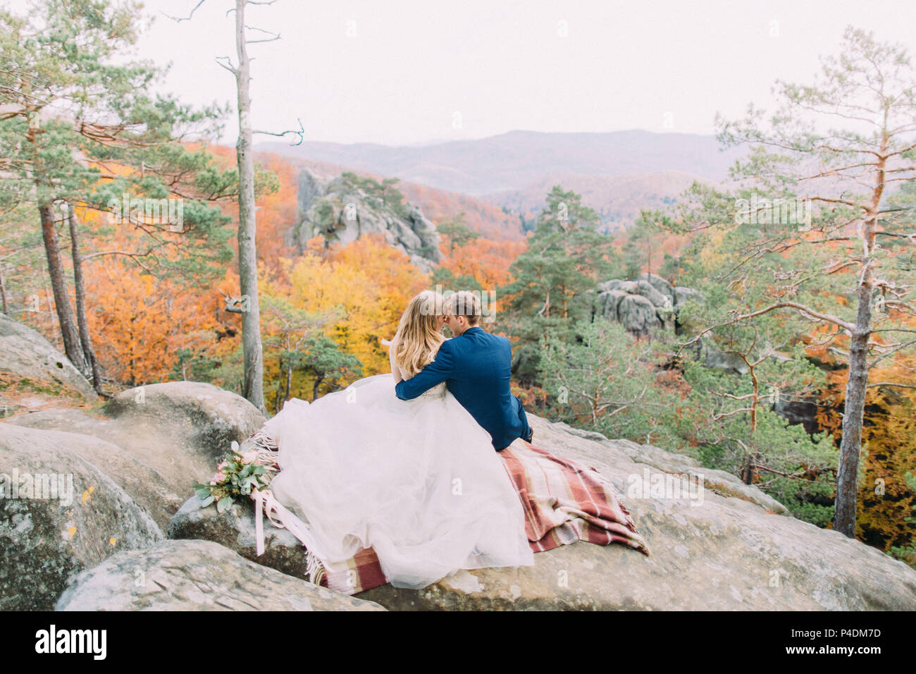 The back view of the hugging newlyweds sitting on the rock and enjoying ...