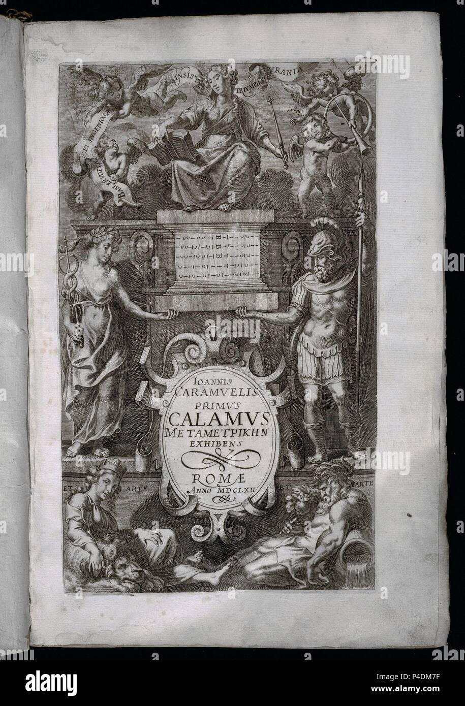 PRIMUS CALAMUS METAMETPIKHN EXHIBENS ROMA - AÑO 1662 - PAGINA CON GRABADO. Author: CARAMUEL JUAN. Location: CONGRESO DE LOS DIPUTADOS-BIBLIOTECA, MADRID, SPAIN. Stock Photo