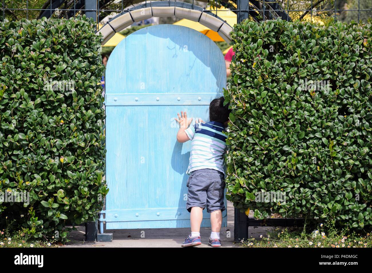 Curious little boy peeks around blue door, Pasadena, CA Stock Photo