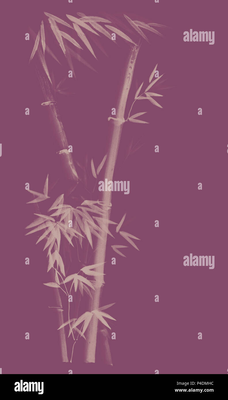 Three stalks of bamboo tree with leaves artistic oriental style illustration, Japanese Zen Sumi-e painting based design on dusty purple background Stock Photo