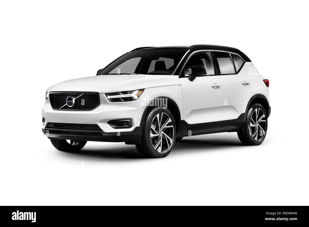 License available at MaximImages.com - White 2019 Volvo XC40 T5 AWD R-Design Luxury car SUV isolated on white studio background with clipping path Stock Photo