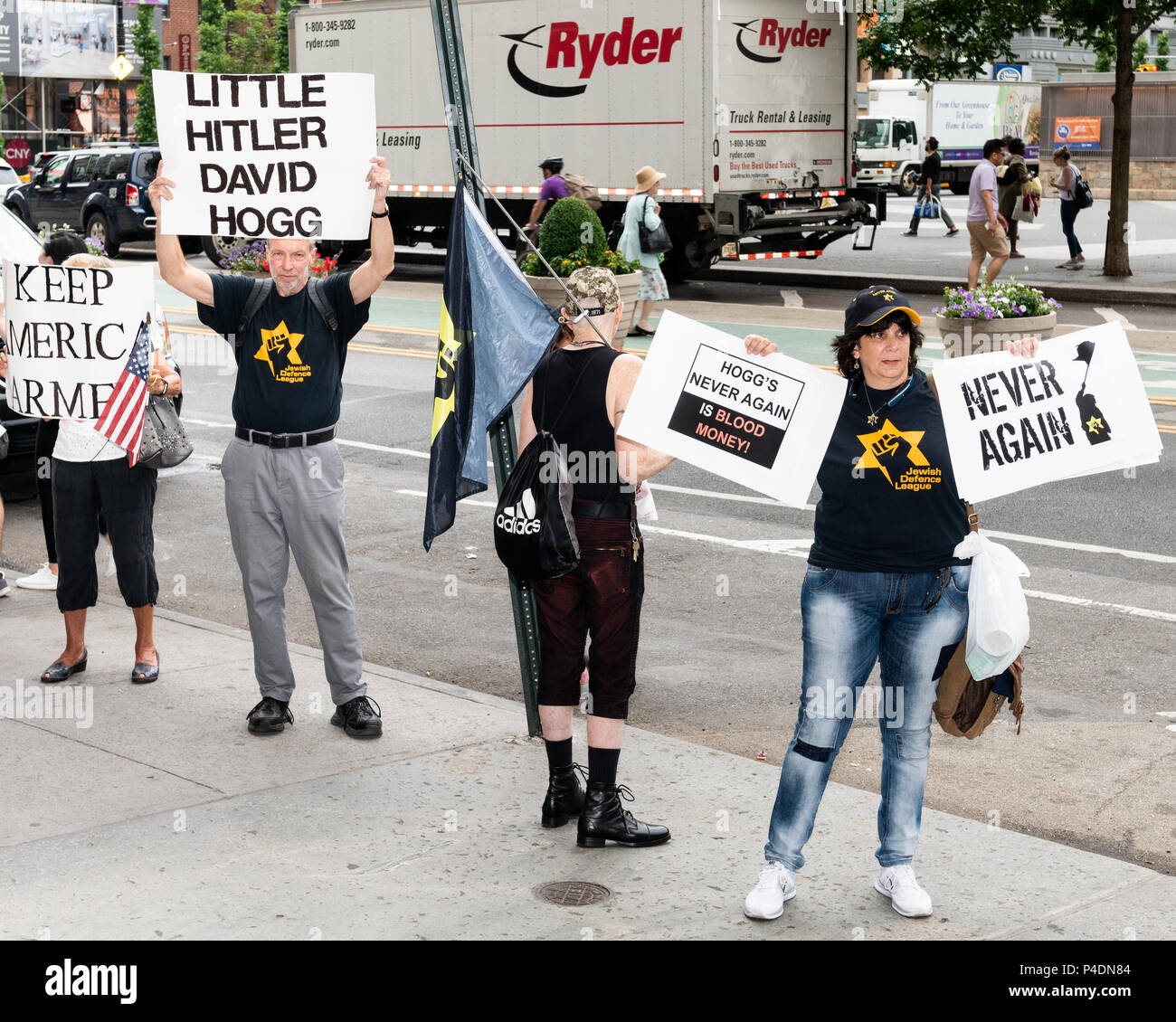 Protesters outside the Barnes & Noble book store where David Hogg, recent graduate of  Marjory Stoneman Douglas High School in Parkland, Florida and Lauren Hogg, co-author with David of #NeverAgain: A New Generation Draws the Line, are doing a book signing at the Barnes & Noble book store in Union Square. Stock Photo