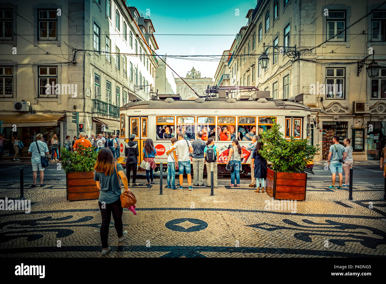 Europa, Portugal, Lissabon, Baixa, Rua Augusta, Tram, Straßenbahn Stock Photo