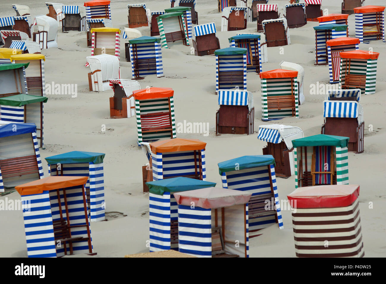Abandoned beach chairs in the off-season at the german North Sea island ...