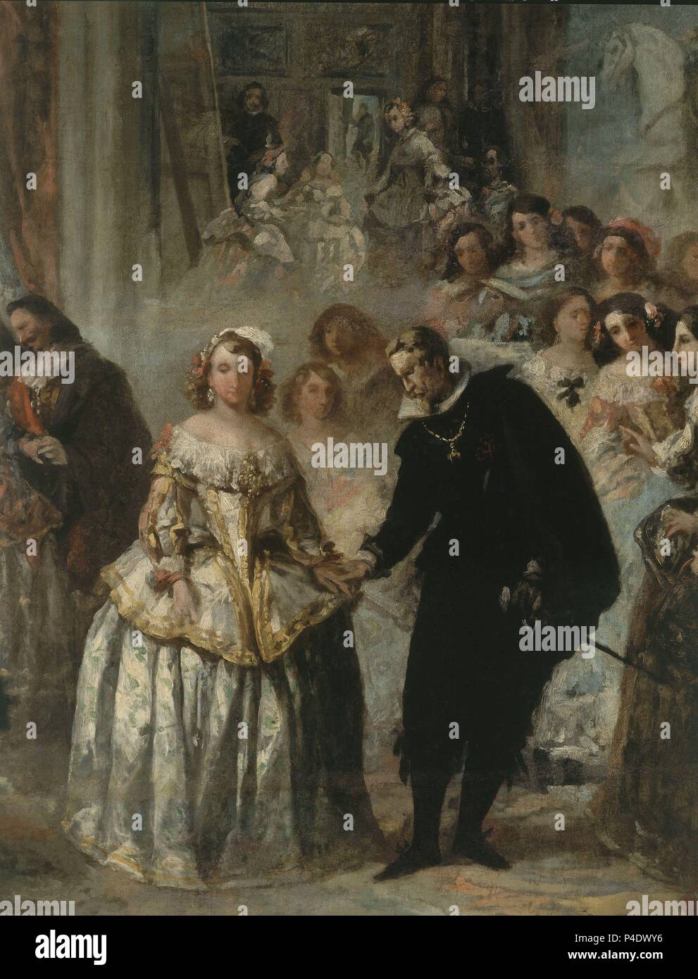 Philip IV, His Court and the Meninas. Detail of the King and Queen. 1858. La Habana, National Museum. Cuba. Author: Eugenio Lucas Velazquez (1817-1870). Location: MUSEO NACIONAL DE BELLAS ARTES, LA HABANA, CUBA. Stock Photo