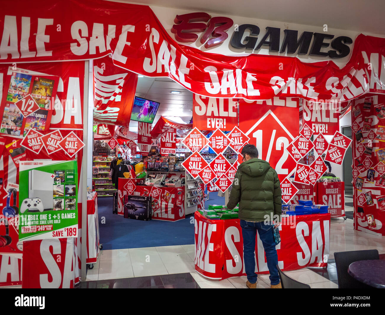 Sales signage all round EB games shop. It is Australia's largest video game retailer. Burnie, Tasmania, Australia Stock Photo