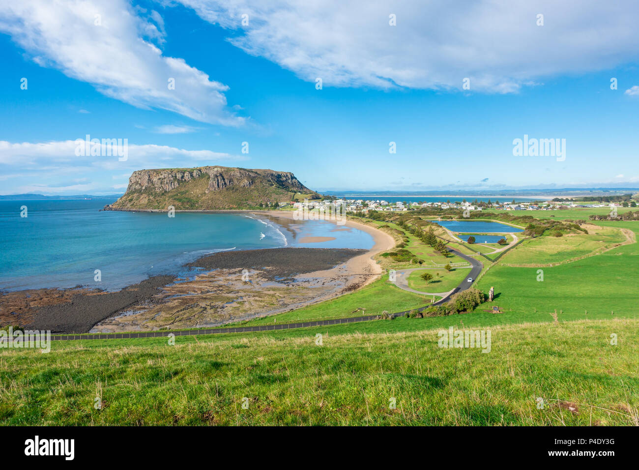 Landscape view of the nut -- remains of an ancient volcanic plug, and the historic village of Stanley. Tasmania, Australia Stock Photo
