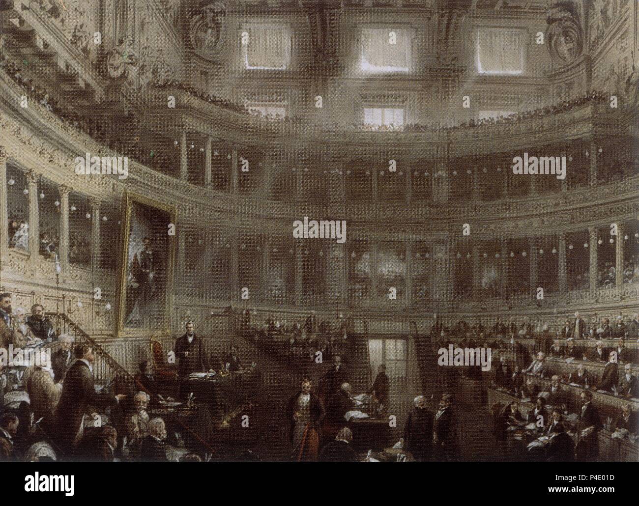 SESION CELEBRADA EN EL SENADO ITALIANO EN TURIN EN 1861 BAJO LA PRESIDENCIA DE CESAR ALFIERI SOSTEGNO EN EL PALACIO MADAMA - SIGLO XIX. Author: Carlo Bossoli (1815-1884). Location: MUSEO DEL RISORGIMENTO. Stock Photo