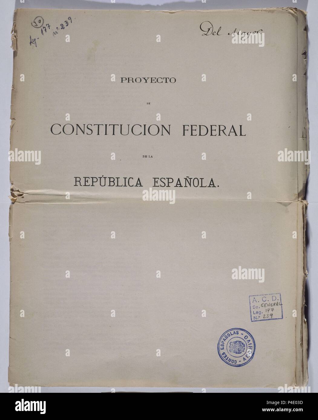 PROYECTO DE CONSTITUCION FEDERAL DE LA PRIMERA REPUBLICA - 1873. Location: CONGRESO DE LOS DIPUTADOS-BIBLIOTECA, MADRID, SPAIN. Stock Photo
