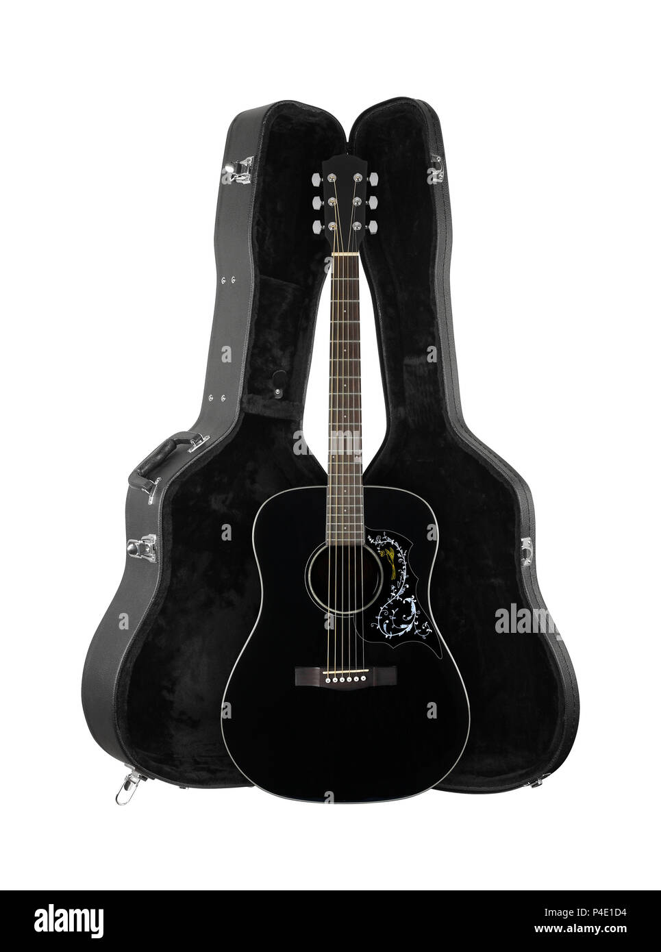 Musical instrument - Front view black folk acoustic country flower bird pickguard guitar in hard case isolated on a white background. Stock Photo