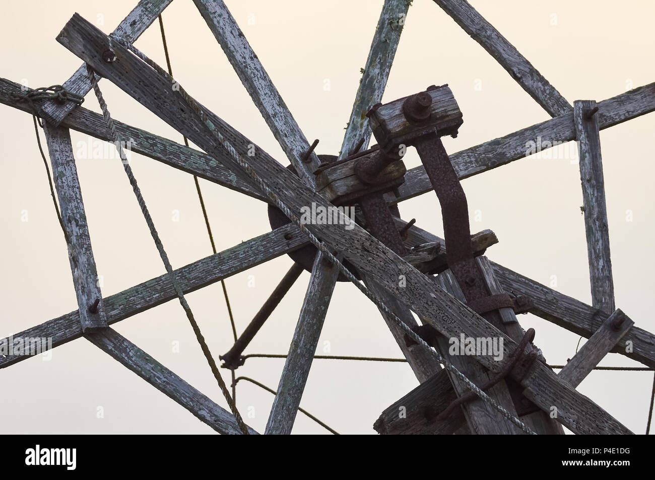 Detail of the wood blades structure of the XIX century old windmill of Can Marroig in Ses Salines Natural Park (Formentera, Balearic islands, Spain) Stock Photo