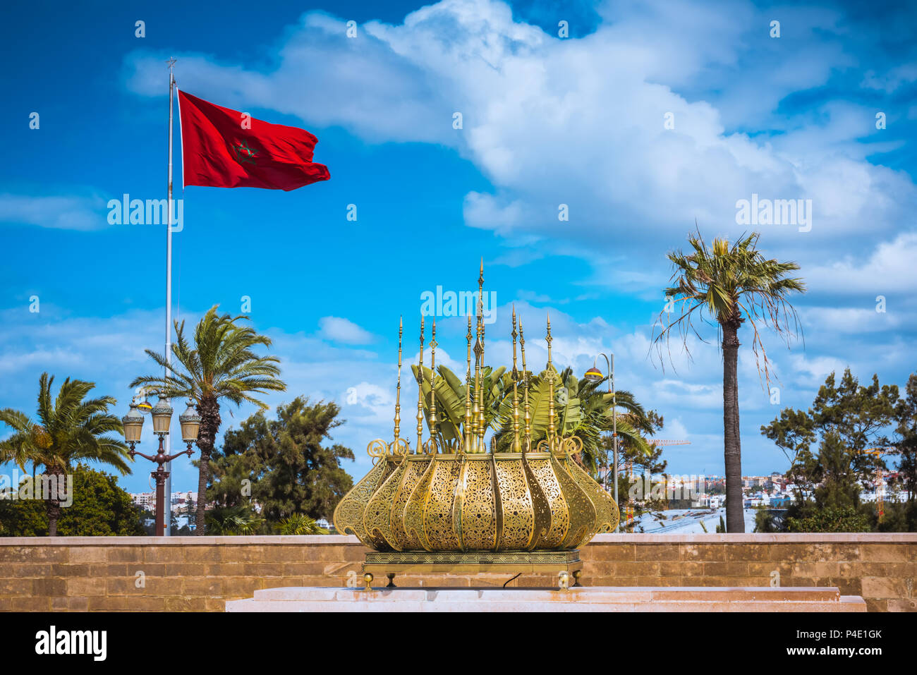 Islamic muslim religious architecture. Traditional golden decorations with Morocco flag Stock Photo