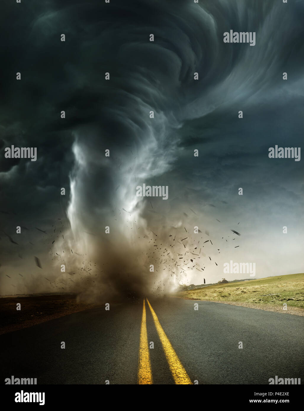 A powerful supercell storm producing a destructive tornado touching down on an isolated country road. Mixed media illustration. Stock Photo
