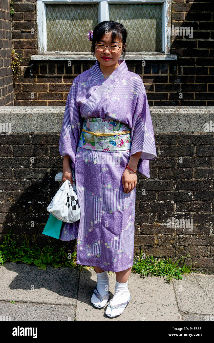 A Young Woman Wearing A Kimono, Lewes, East Sussex, UK Stock Photo