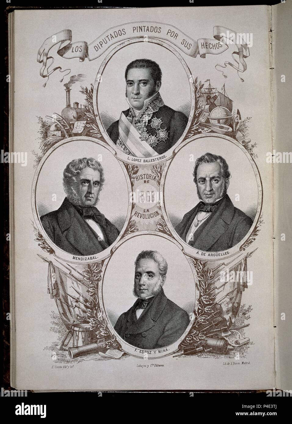 DIPUTADOS PINTADOS POR SUS HECHOS - LOPEZ BALLESTEROS - ARGUELLES - ESPOZ Y MINA - MENDIZABAL - REVOLUCION DE 1868. Author: B. Llanta (19th cent.). Location: CONGRESO DE LOS DIPUTADOS-ARCHIVO, MADRID, SPAIN. Stock Photo