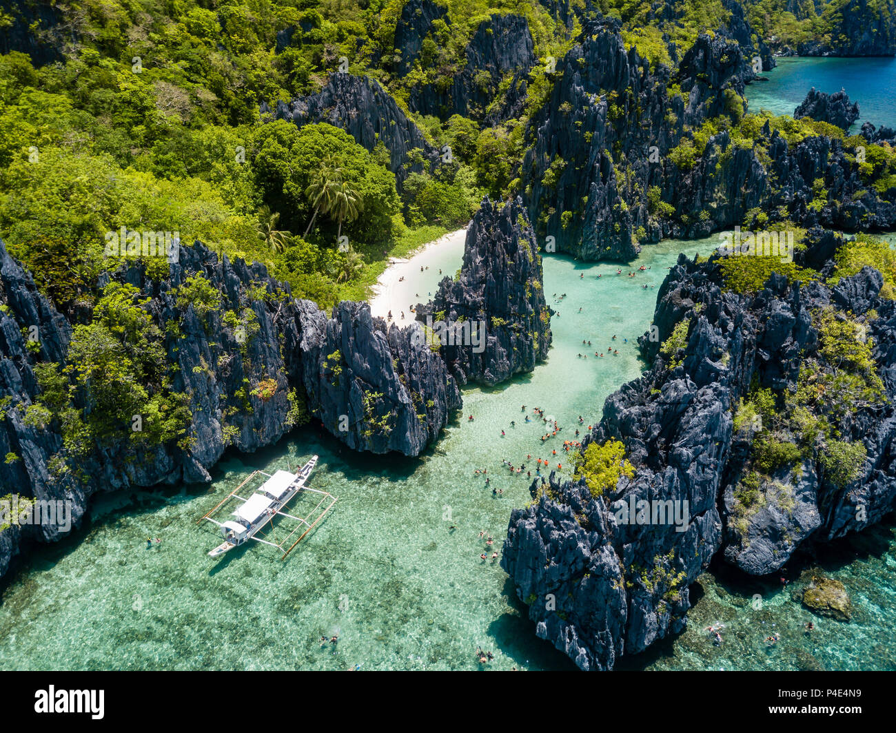 Aerial done view of the beautiful tropical 'Hidden Beach' in El Nido, Palawan Stock Photo