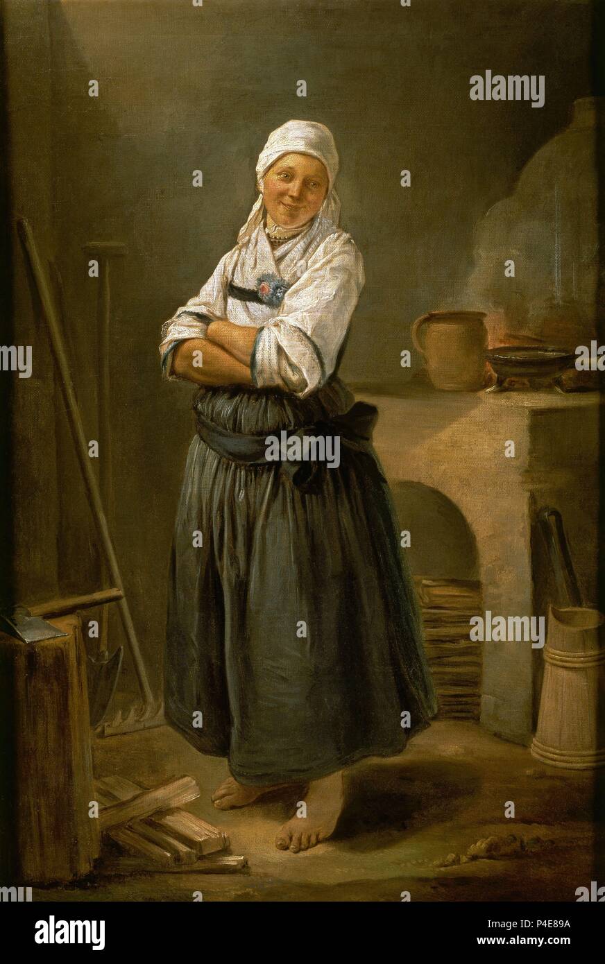 'A Saxon Villager in her Kitchen', ca. 1756, French School, Oil on canvas, 83 cm x 55 cm, P02270. Author: Charles François Hutin (1715-1776). Location: MUSEO DEL PRADO-PINTURA, MADRID, SPAIN. Stock Photo