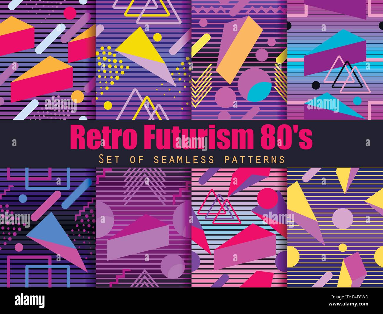 Retro futurism seamless pattern set. Geometric elements memphis in the style of 80's. Synthwave retro background. Retrowave. Vector illustration Stock Vector