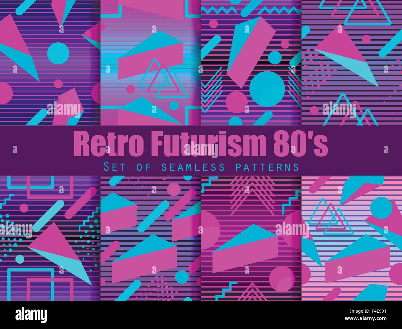 Retro futurism seamless pattern set. Geometric elements memphis in the style of 80's. Synthwave retro background. Retrowave. Vector illustration Stock Vector