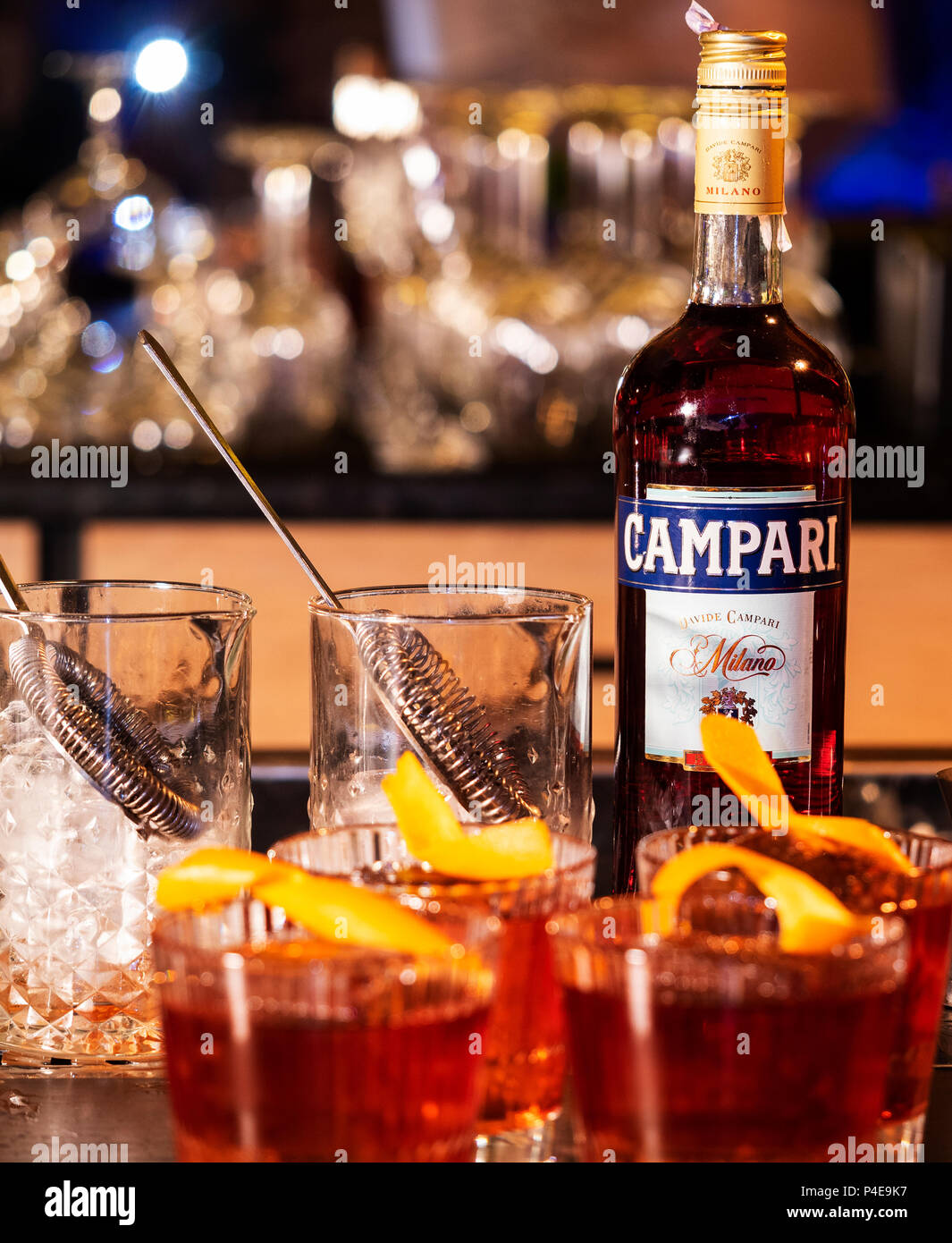 KIEV, UKRAINE - June 6, 2018: Bottle of Campari, an alcoholic liqueur containing herbs and fruit (including chinotto and cascarilla), invented in 1860 Stock Photo