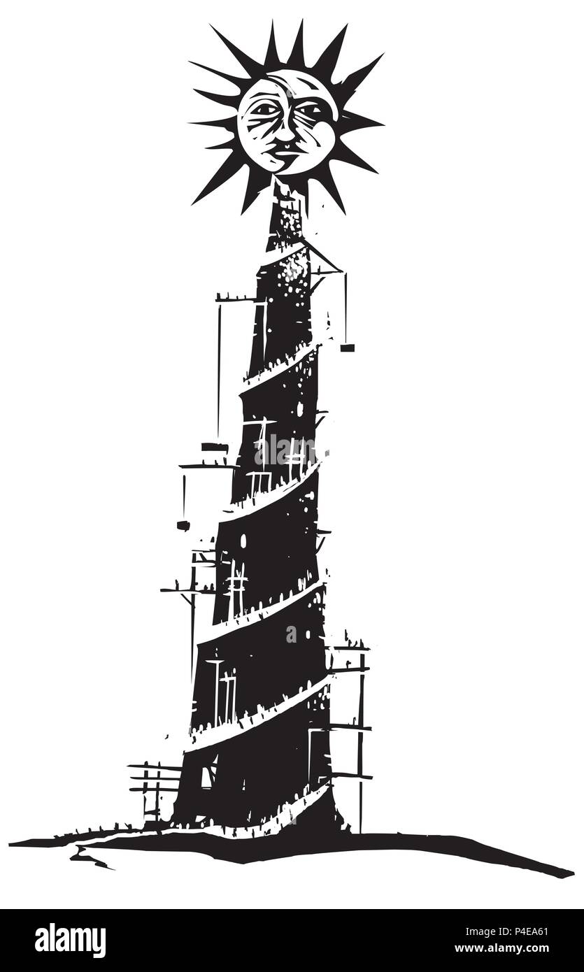 Woodcut style expressionist image on pride with a tower being built to the sun Stock Vector