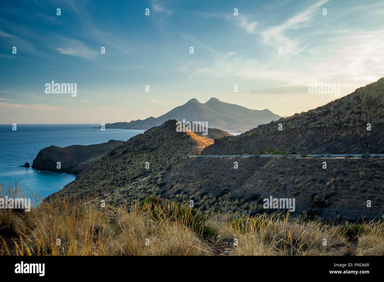 Road through Cabo de Gata, Spain. Stock Photo