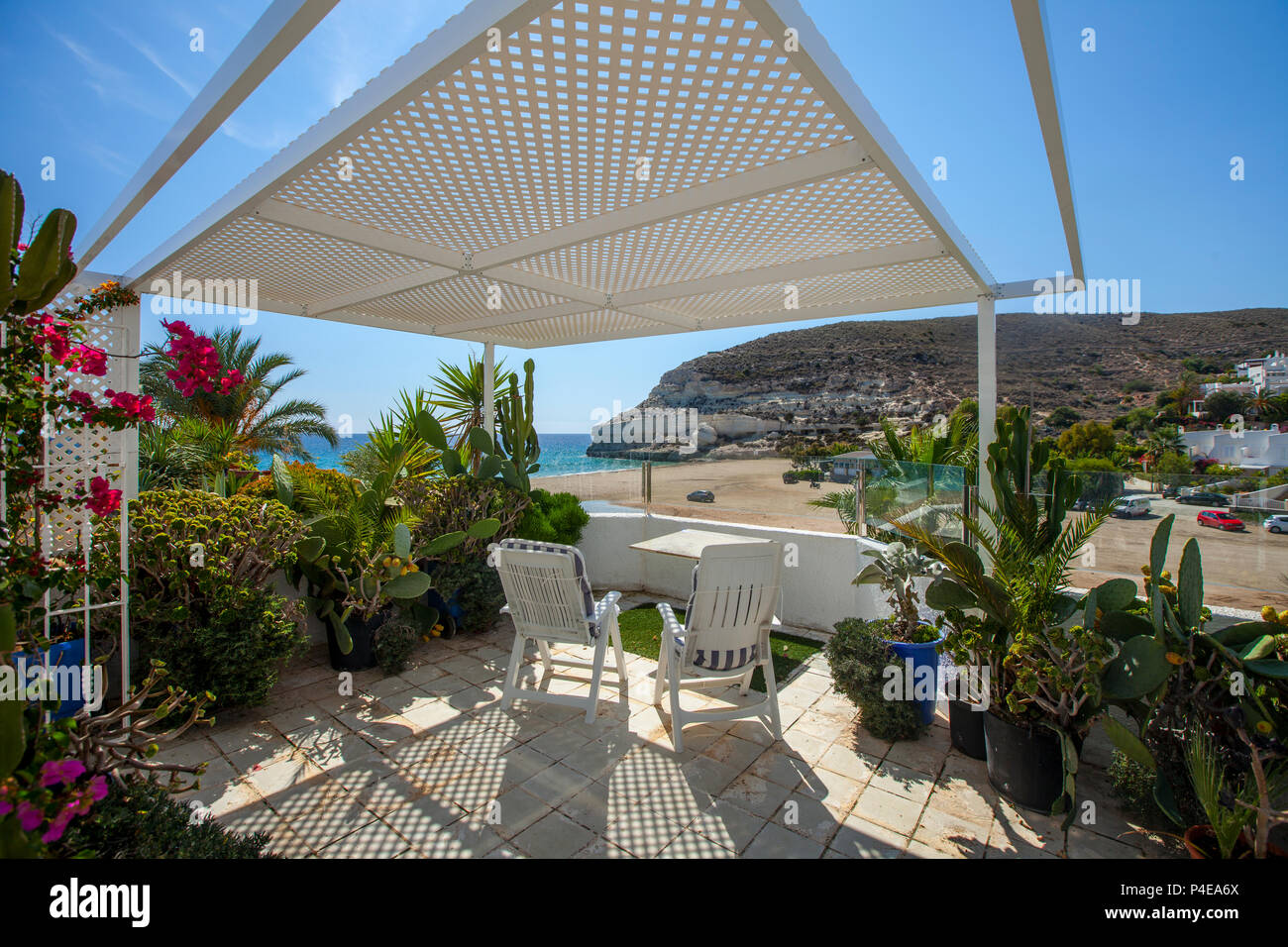 View on a Spanish beach from a roof garden Stock Photo