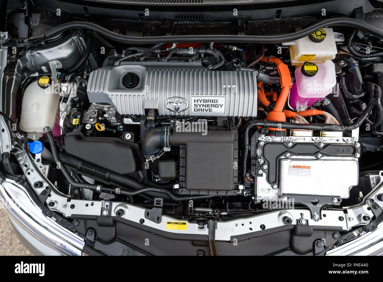 KAUNAS, LITHUANIA - JUNE 16, 2018: Engine of a new Toyota Auris hybrid car. Stock Photo
