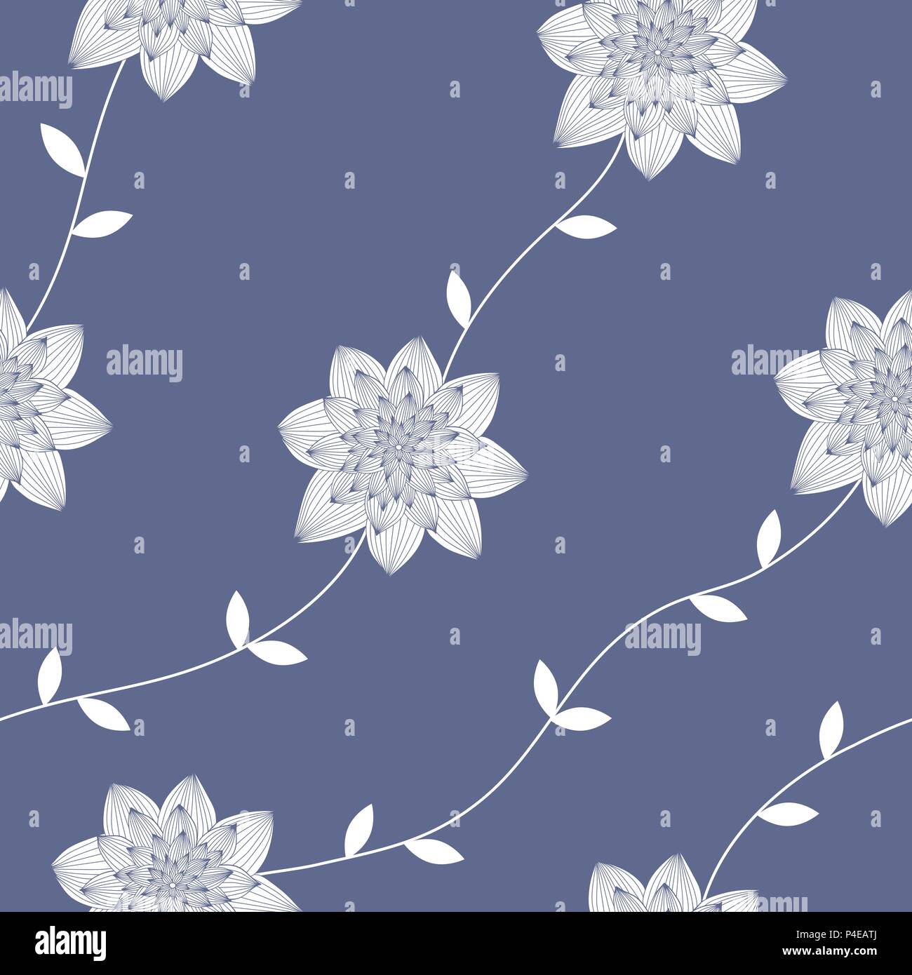 Vector seamless, repeating texture patterns with flowers and leaves. Monochromatic jeans blue. Stock Vector