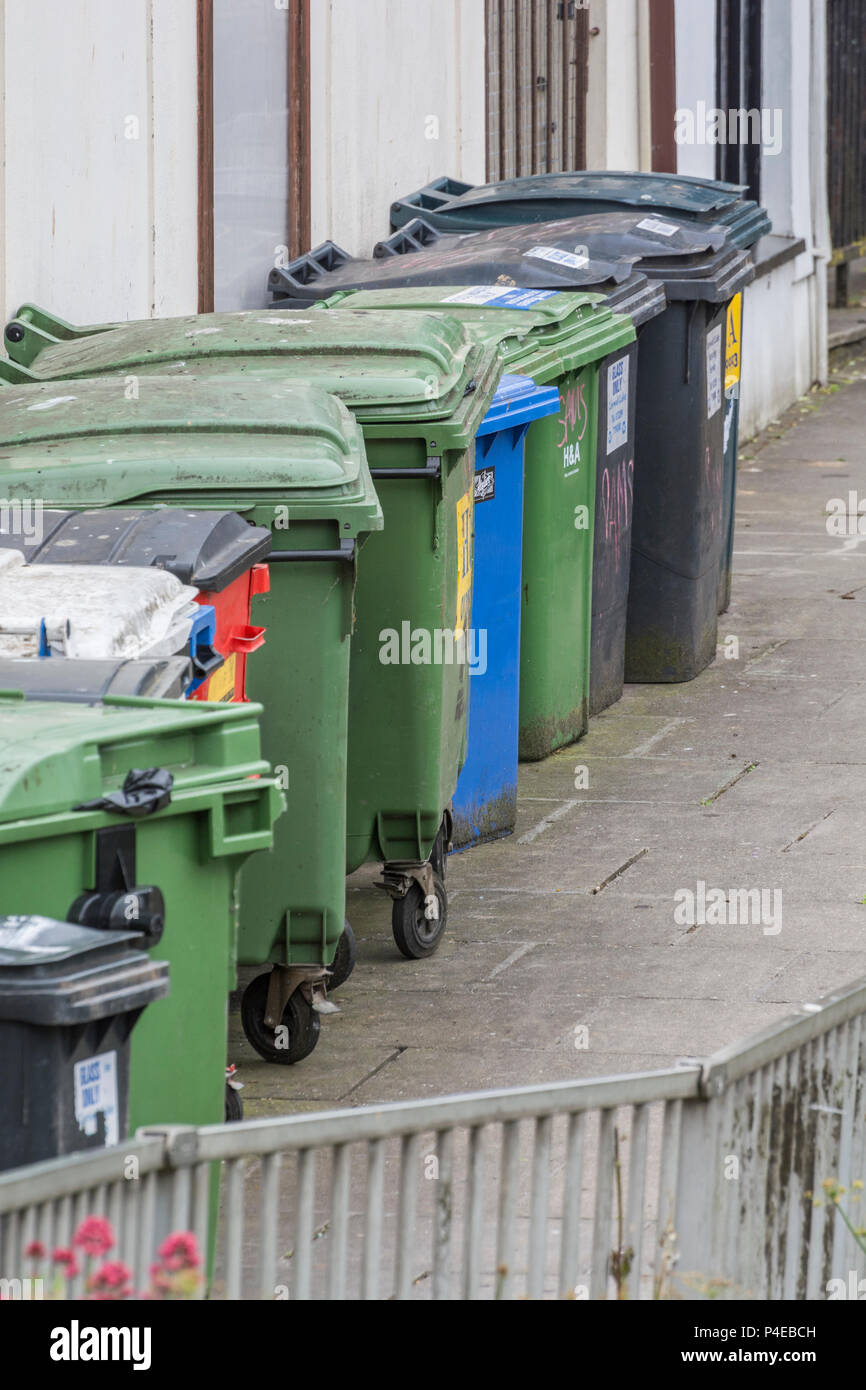 Collection of commercial wheelie bins / rubbish bins in Truro, Cornwall
