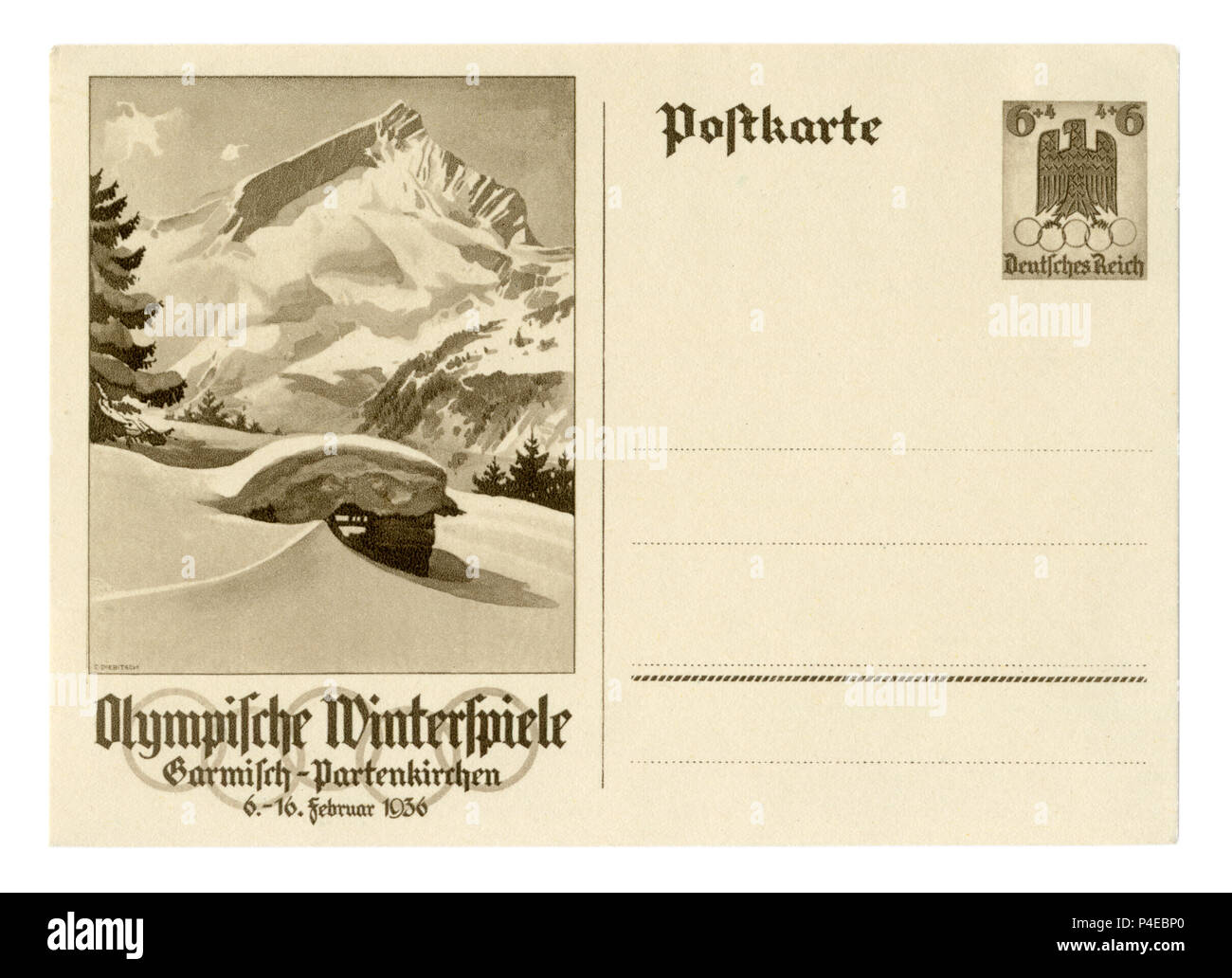 German historical postal card: 4th winter Olympic games 1936 in Garmisch-Partenkirchen, mountain landscape, 1935, Germany, Third Reich, Winter Relief Stock Photo