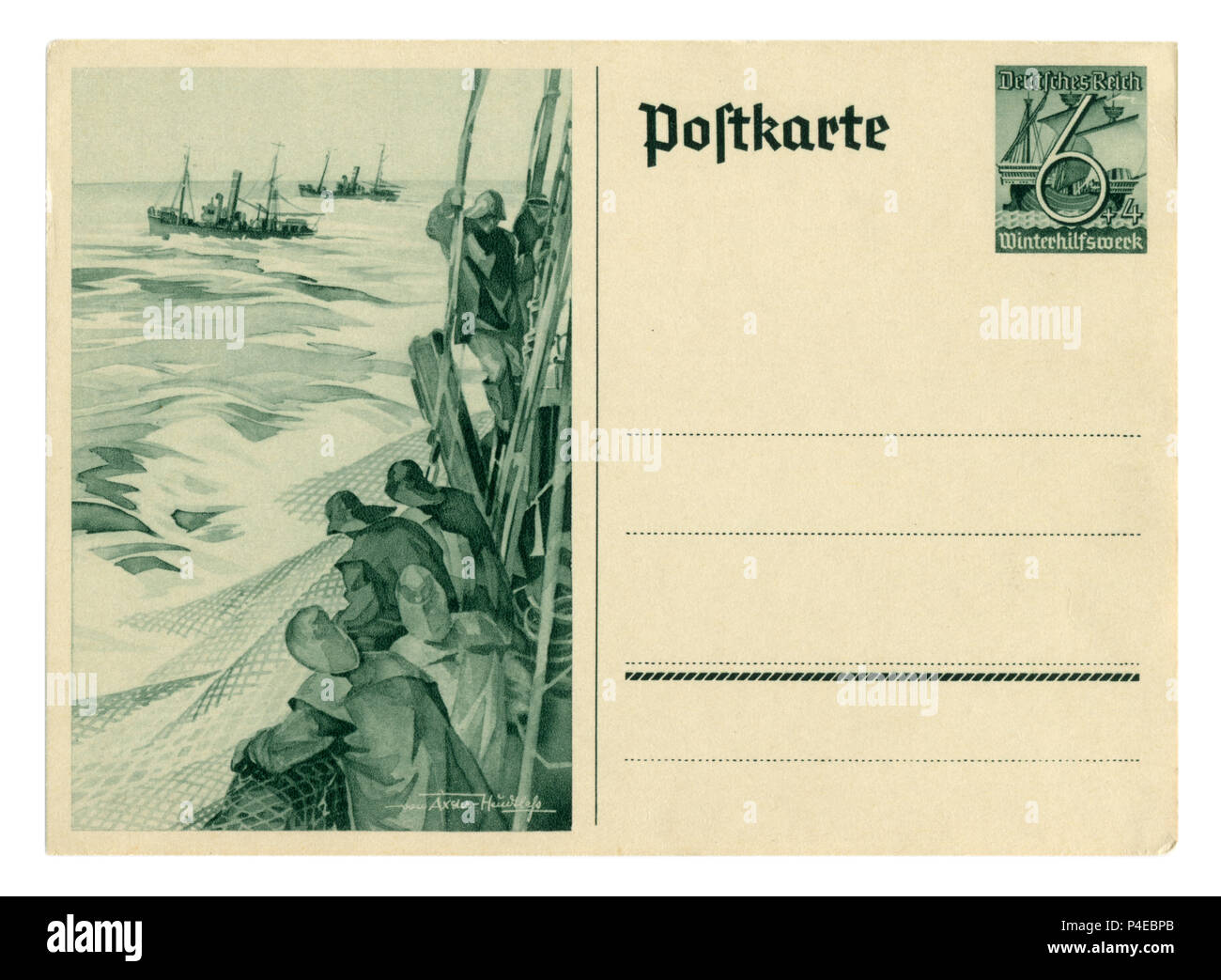 German historical postal card: 'Winter Relief' Series 'Ships', Fishermen on a trawler throwing nets into the sea, issue 1937, Germany, Third Reich Stock Photo